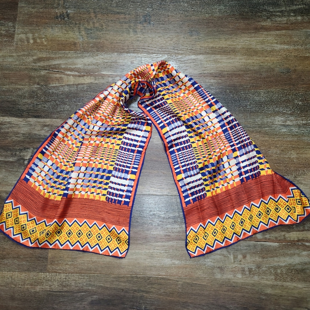 Vintage Japanese Silk Oblong Scarf – Bold Geometric Plaid in Orange & Blue